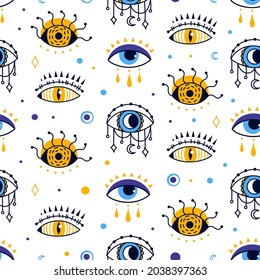 Mystic evil eye seamless pattern, esoteric abstract background. Providence or protection magic symbol, turkish eye ethnic fabric vector texture. Spiritual amulet or talisman for witchcraft