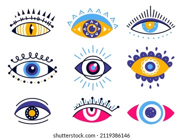 Mystic evil eyes. Cartoon occult esoteric symbols. Magical hamsa element for providence, talisman for protection. Lucky spiritual and sacred souvenir of various shapes isolated vector set