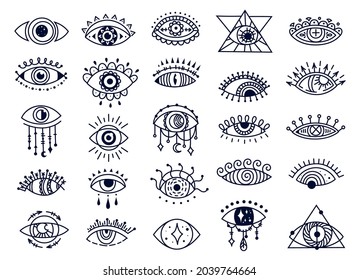 Mystic evil eyes doodles, spiritual turkish eye symbol. Hand drawn esoteric magic eye, ornamental amulet, good luck souvenir Vector set. Protective talisman with magic power for tattoo