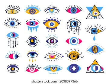 Mystic evil eyes, esoteric ethnic eye elements. Providence or protection talisman symbol, magic occult amulet, mystical oracle eye vector set. Lucky or sacred tattoo icons isolated