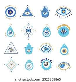 Mystic evil eyes talisman blue icon esoteric doodle amulet ethnic luck eyeball set vector flat illustration. Mystical Turkish traditional all seeing symbols shambola energy sight hand drawn decor