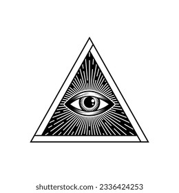 Mystic eye, mystical spiritual eye and geometry triangle. Vector mystery illuminati esoteric souvenir, mason amulet. Pyramid with providence eye