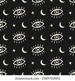 Mystic eye star moon boho black and white seamless pattern