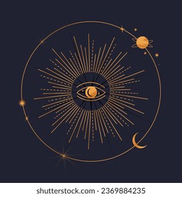 Mystic eye with sun. Gold celestial elements on a dark blue background. Vector illustration.