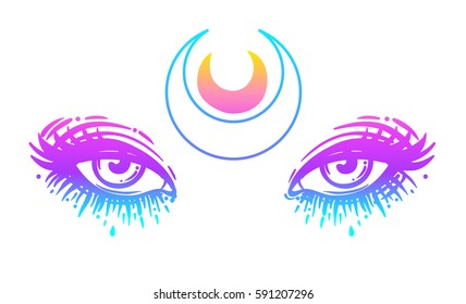 Mystic eyes in anime or manga style with a moon. Hand-drawn vector illustration isolated on white. Trendy print, alchemy, religion, spirituality, occultism. Rainbow colors. Vintage style.