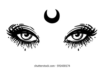 Mystic eyes in anime or manga style with a moon. Hand-drawn vector illustration isolated on white. Trendy print, alchemy, religion, spirituality, occultism. Black and white. Vintage style.