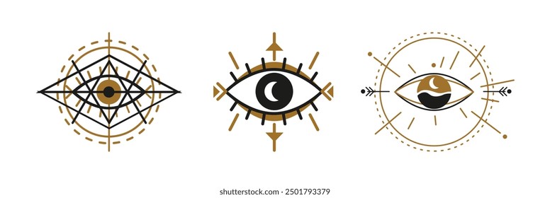 Mystic eyes and crescent moon with arrows, occult and magic symbols set with circles and lines. Vector cyclical nature of time, ebb and flow of energies. Intuitive insight and spiritual awareness