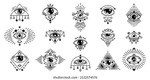 Mystic eyes. Esoteric and astrology tattoo symbol, occult alchemy amulet of human eye. Vector set