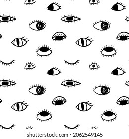 Mystic eyes seamless pattern. Isolated on white vector illustration. Abstract doodle background.