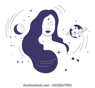 Mystic female with cosmic energies around. Isolated woman with long, flowing hair, stars and planets. Celestial forces, symbol of connection between earthly and spiritual. Vector in flat style