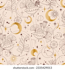Mystic floral celestial seamless pattern - magic flowers, moon and stars in monochrome, esoteric vector reapiting motives on background for wrapping, textile