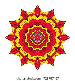 Mystic Flower Mandala. Vector illustration. Design for greeting card, invitation, tattoo, spa symbol. red, gold color