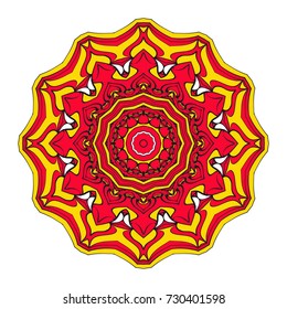 Mystic Flower Mandala. Vector illustration. Design for greeting card, invitation, tattoo, spa symbol. red, gold color
