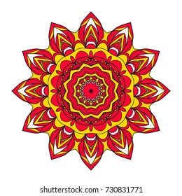 Mystic Flower Mandala. Vector illustration. Design for greeting card, invitation, tattoo, spa symbol. red, gold color