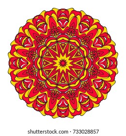 Mystic Flower Mandala. Vector illustration. Design for greeting card, invitation, tattoo, spa symbol. red, gold color