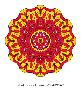 Mystic Flower Mandala. Vector illustration. Design for greeting card, invitation, tattoo, spa symbol. red, gold color