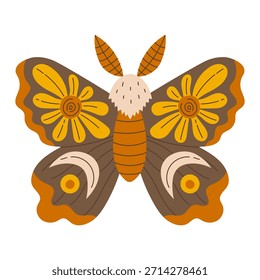 Mystic Forest Moth Vector. Whimsical night insect illustration with celestial details, cozy fairy aesthetic, playful hand drawn flat style for magical nature designs