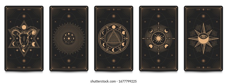Mystic frame card. Vector illustration set. Divination and prediction cards with emblem mysterious, spirituality esoteric, masonic alchemy symbol