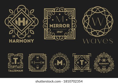 Mystic frame label. Character, harmony, wave, mirror, talisman mystic golden ornate frame label set isolated on deep black background. Vector vintage decorative logotype, badge illustration
