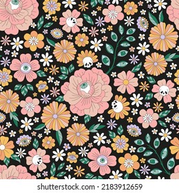 Mystic Garden Eyed Florals Flower Power vector seamless pattern. Retro 60s 70s boho floral background. Hippie Halloween surface design.