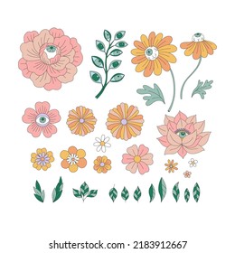 Mystic Garden Eyed Florals Flower Power vector illustration set isolated on white. Hippie Halloween Retro 60s 70s Boho Groovy floral print collection.