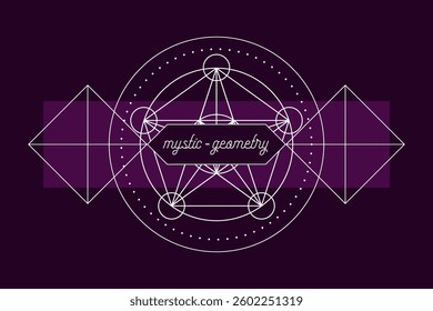 Mystic geometry emblem vector print template. Vector alchemy magic symbol or tribal rune on dark background
