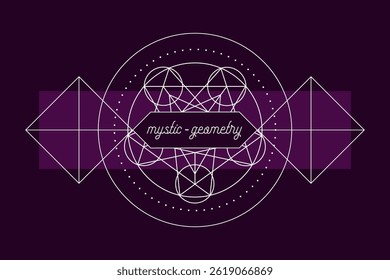 Plantilla de impresión de Vector de emblema de geometría mística. Símbolo mágico de la alquimia del Vector o runa tribal en fondo oscuro