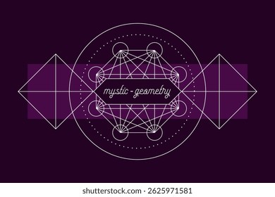 Plantilla de impresión de Vector de emblema de geometría mística. Símbolo mágico de la alquimia del Vector o runa tribal en fondo oscuro