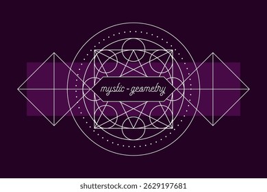 Plantilla de impresión de Vector de emblema de geometría mística. Símbolo mágico de la alquimia del Vector o runa tribal en fondo oscuro