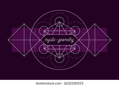 Plantilla de impresión de Vector de emblema de geometría mística. Símbolo mágico de la alquimia del Vector o runa tribal en fondo oscuro
