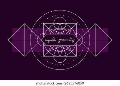 Plantilla de impresión de Vector de emblema de geometría mística. Símbolo mágico de la alquimia del Vector o runa tribal en fondo oscuro