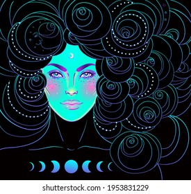 Mystic girl with green face, head of the clouds with moon and stars. Concept of inner reality, mental health, imagination. Female portrait of night goddess. Isolated vector illustration.