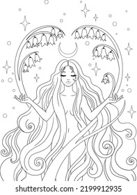 Mystic goddess, personification of Mother Nature. Vector outline for coloring