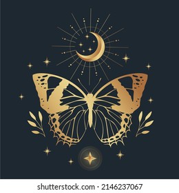 Mystic Gold Butterfly Isolated Vector Illustration. Magic Moon, Occult, Print, Poster.