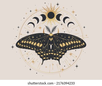 Ilustración vectorial aislada con polilla de oro mística. Luna mágica, oculto, impreso, afiche.