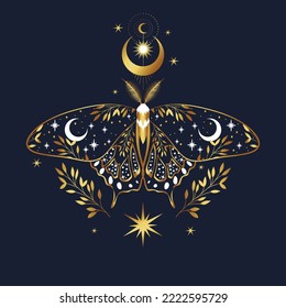 Mystic gold moth isolated vector illustration. Magic moon, occult, print, poster.