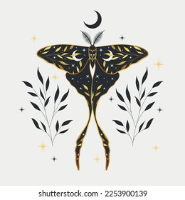 Ilustración vectorial aislada con polilla de oro mística. Luna mágica, oculto, impreso, afiche.