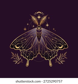 Ilustração vetorial isolada de mariposa de ouro mística. Lua mágica, oculto, impresso, cartaz.