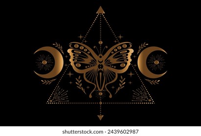 Mystic gold moth, magic butterfly and crescent moon, sacred symbols for witchcraft, occult, esotericism, print, poster. Vector golden pagan magical seal isolated on black background