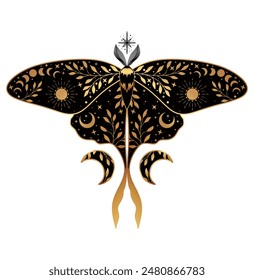 Mystic gold moth vector illustration. Magic moon, occult, print, poster.