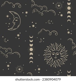 Mystic gold sun and crescent moon, stars illustration on dark background. Vector seamless pattern.