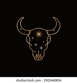 Mystic Golden Bull Skull in a Trendy Liner Minimal Style. Vector Boho illustration of Magic Cow Head with Stars for print on wall, t-shirt, tattoo, social media post and stories