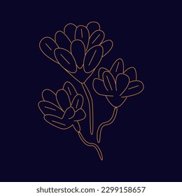 Mystic golden flower with three branches Hand draw boho fantasy art for poster or t-shirt