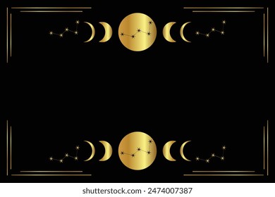 Mystic golden frame with constellations, stars, moon phases, crescents, and copy space. Mystical constellations border. Vector mystic linear background with place for text.