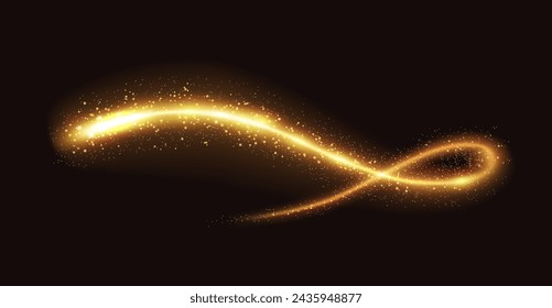 Mystic golden glitter trace realistic vector illustration. Brilliant magic wand trail. Glowing fairy dust 3d element on black background