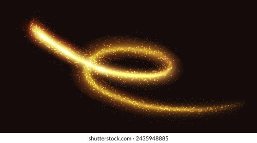 Mystic golden glitter trace realistic vector illustration. Brilliant magic wand trail. Glowing fairy dust 3d element on black background