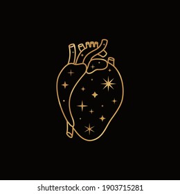 Mystic Golden Heart in a Trendy Boho Liner Style. Vector Silhouette Anatomical Heart with Stars for print on wall, t-shirt, tattoo, social media post and stories