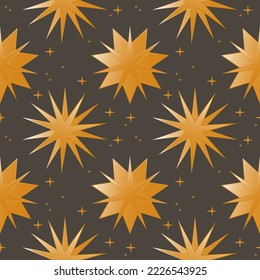 Mystic golden stars background, seamless endless psttern with sparks and stars, modern witch design element, astrology backdrop, for textile, for fabric, for prints, for wrapping paper