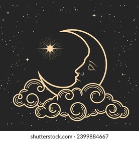 Mystic half-moon with face sleeps on clouds, crescent and guiding pole star, tarot style magic astrology symbol, vector