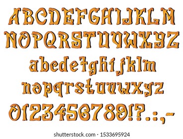 Mystic Halloween font capital and uppercase letters, and number figures, for Halloween greeting Cards, EPS 10 contains transparency